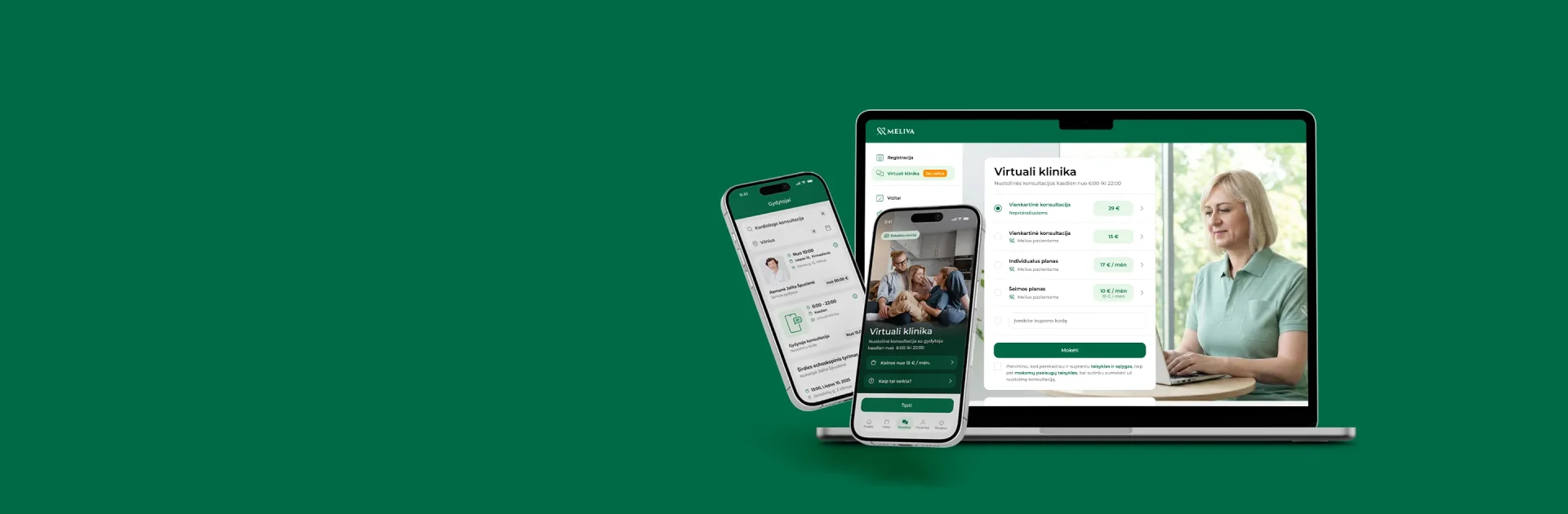 Trys telefono ekranai su virtualios klinikos atvaizdu